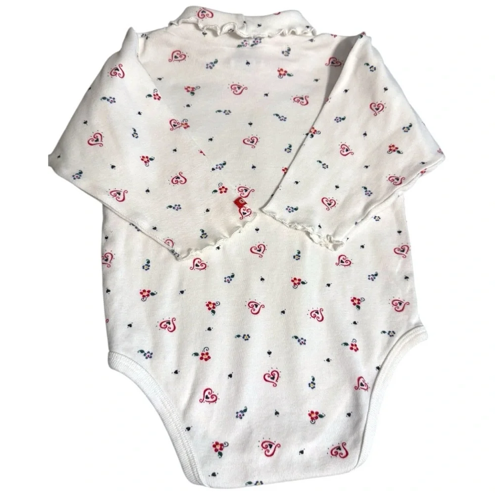 Vintage OshKosh B’gosh Baby Bodysuit 18M White Floral Hearts Turtleneck